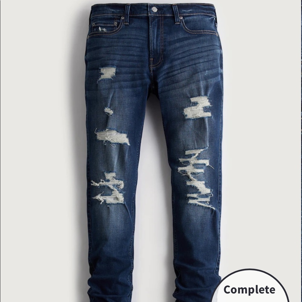 Hollister RIPPED DARK WASH STACKED SKINNY JEANS- W34 L32 - Picture 3 of 12